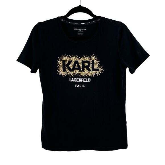 Karl Lagerfeld Paris Black Gold Graphic Logo Short Sleeve T-Shirt Oversized XS - Picture 1 of 8